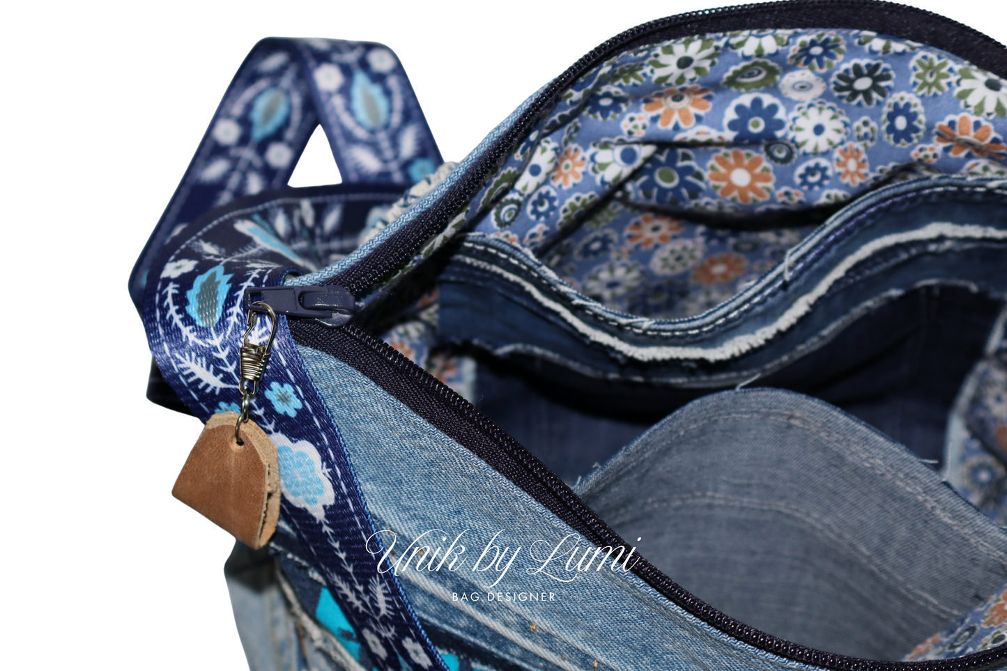 Bolsa única e feita com materiais reciclados | Mistura de ganga e couro