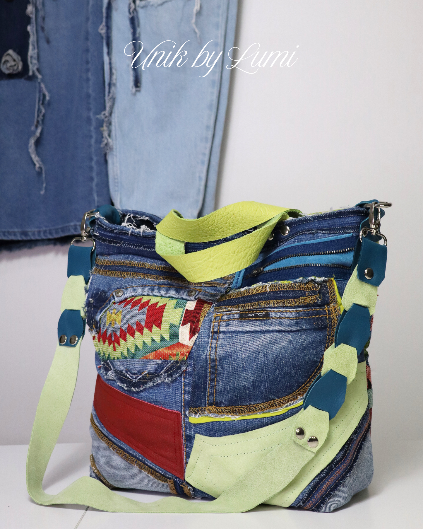Luxurious Colourful Handmade Denim Bag with Leather | Sustainable High-Quality Recycled Jeans Bag
