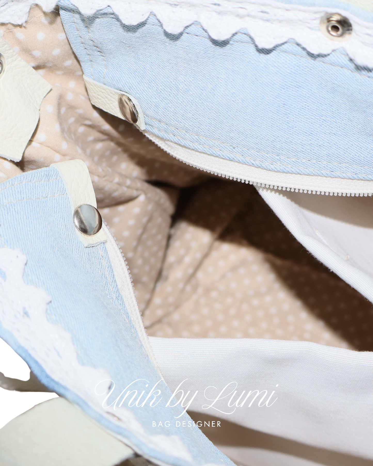 Light Denim Handbag with Brown Leather and Crochet with Adjustable Strap