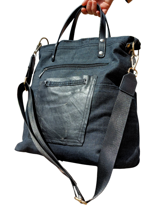 Black Denim Bag with Leather