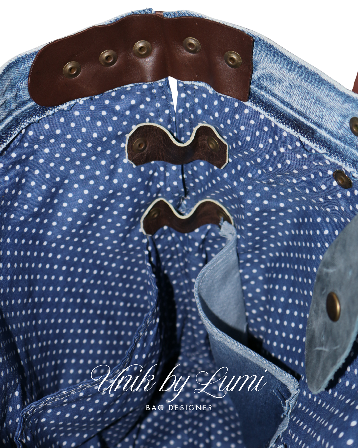 Handmade Denim Bag with Crochet and White Leather