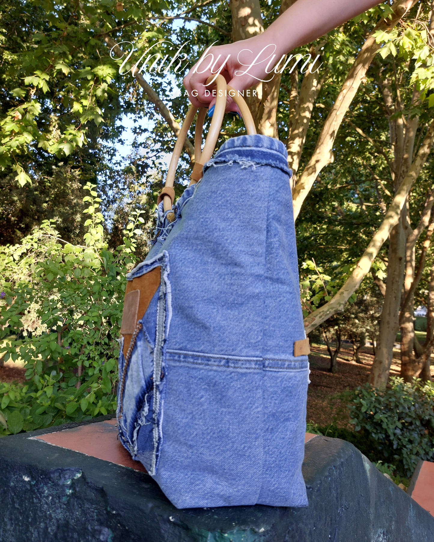 Denim Jeans Bag with Crochet and Bamboo Handle