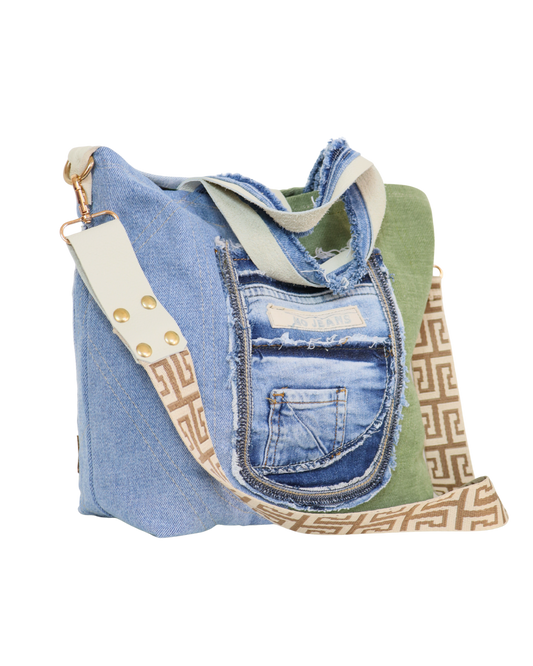 Blue Denim and Green Fabric Bag with Adjustable Strap