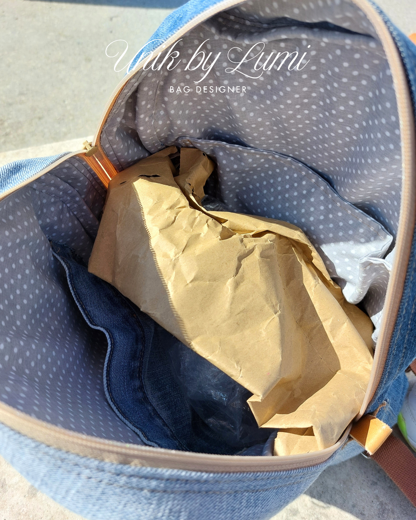 The Traveller | Camel Leather Blue Denim Rucksack | High-Quality Recycled Jeans Rucksack