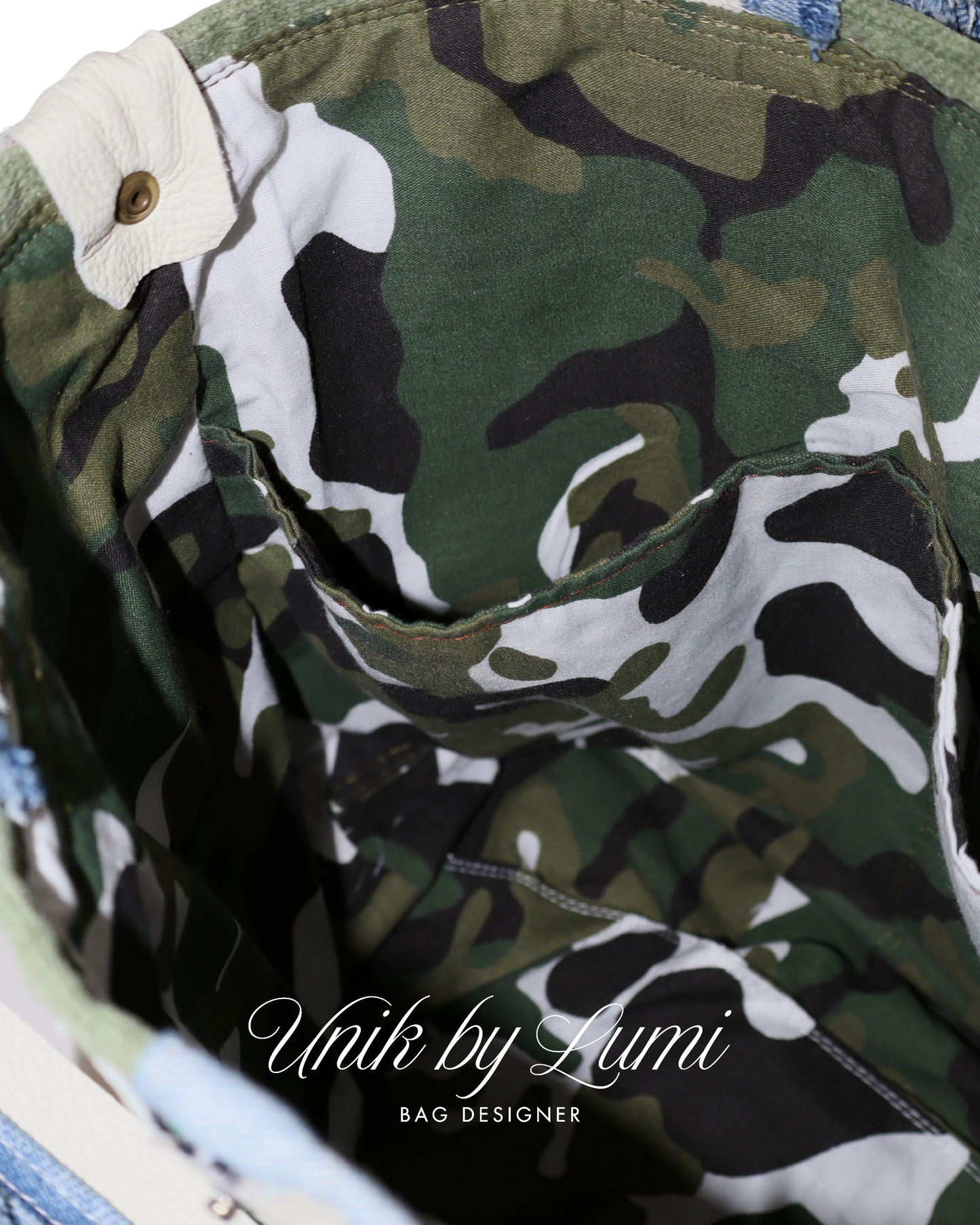 Blue Denim and Green Fabric Bag with Adjustable Strap