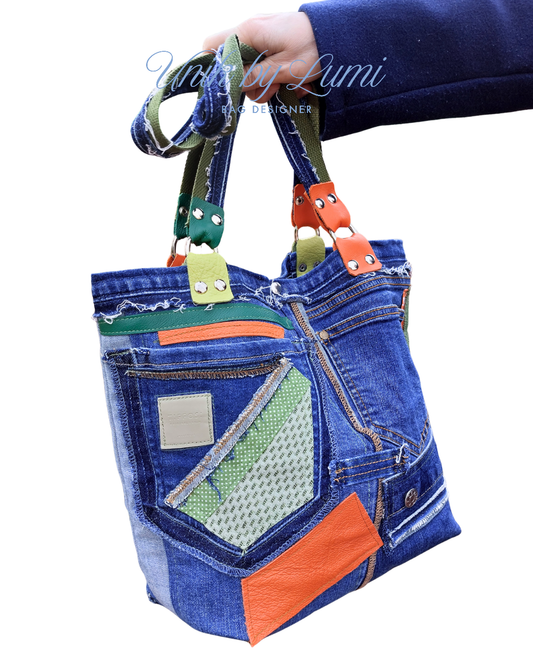 Abstract Picasso Shoulder Bag | Handmade Denim and Leather Handbag | High-Quality Recycled Jeans Bag