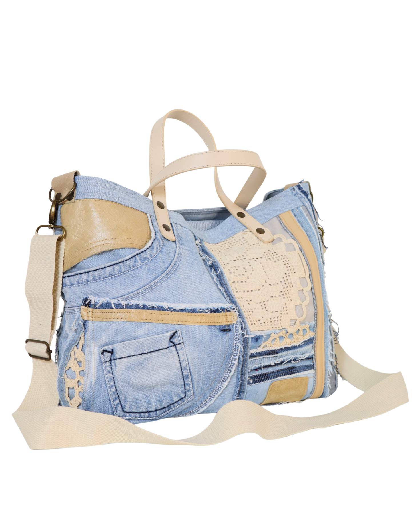 Handmade Denim Bag with Camel Leather and Crochet