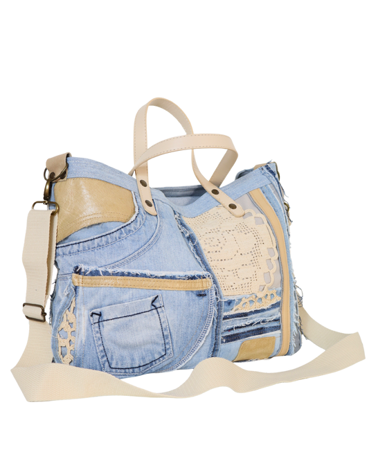 Handmade Denim Bag with Camel Leather and Crochet
