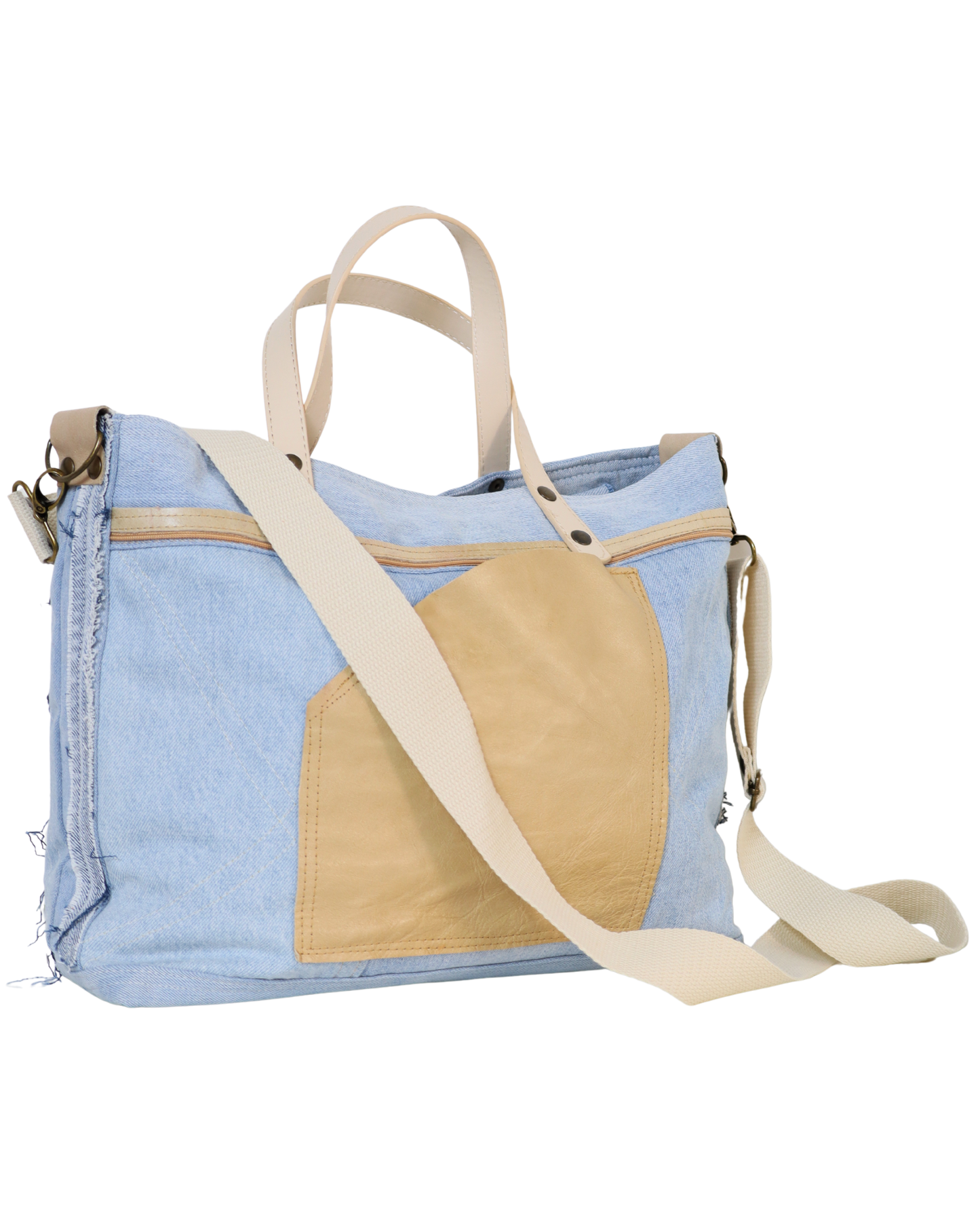 Handmade Denim Bag with Camel Leather and Crochet