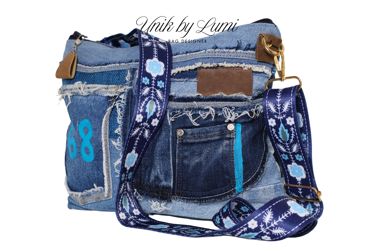 Bolsa única e feita com materiais reciclados | Mistura de ganga e couro