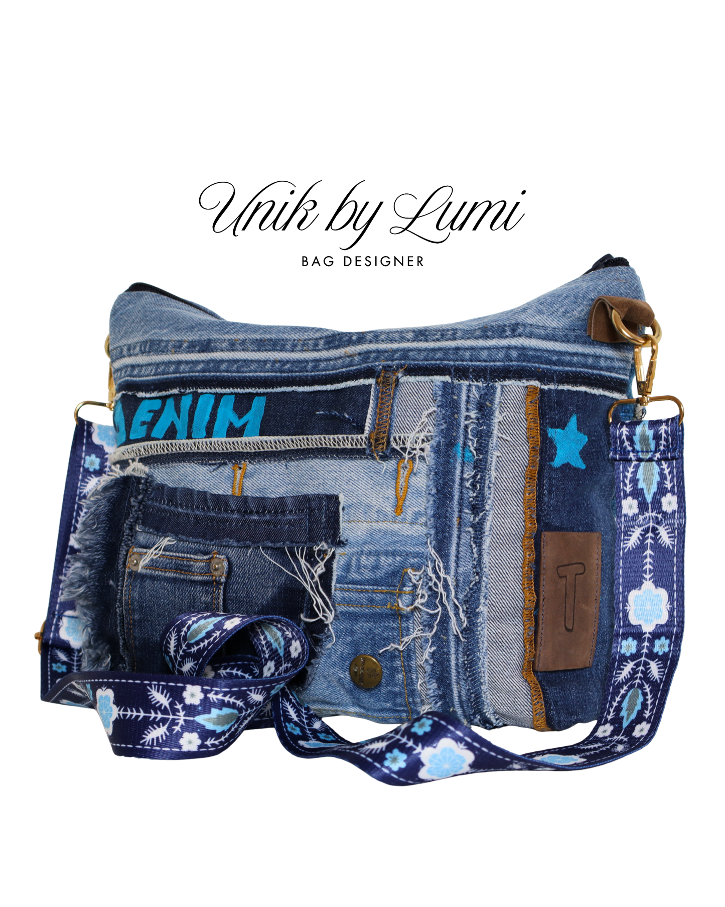 Bolsa única e feita com materiais reciclados | Mistura de ganga e couro