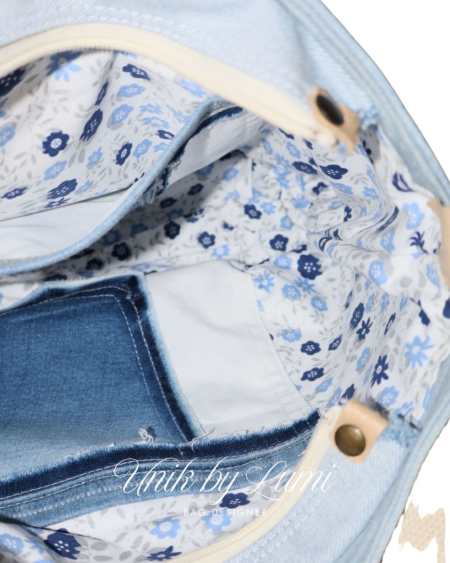 Handmade Denim Bag with Camel Leather and Crochet