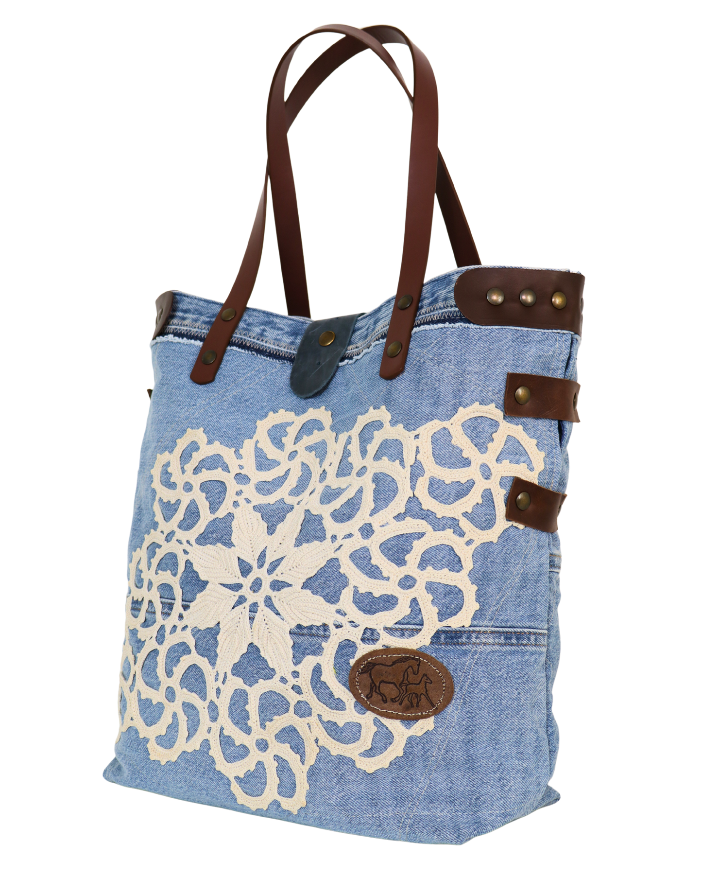 Handmade Denim Bag with Crochet and White Leather