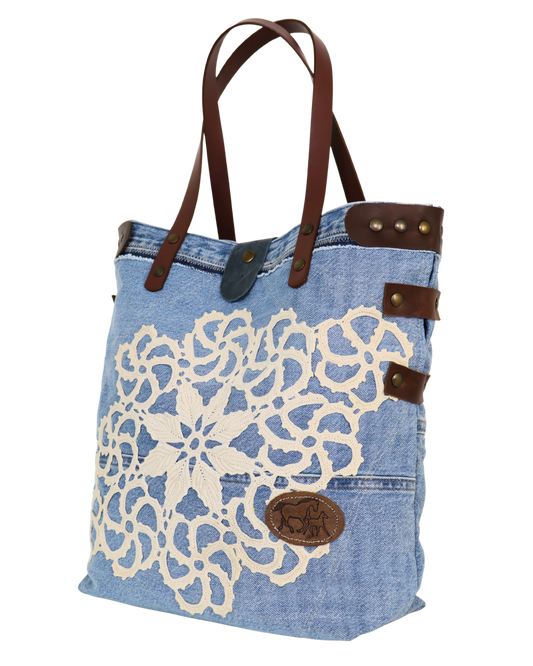 Handmade Denim Bag with Crochet and White Leather