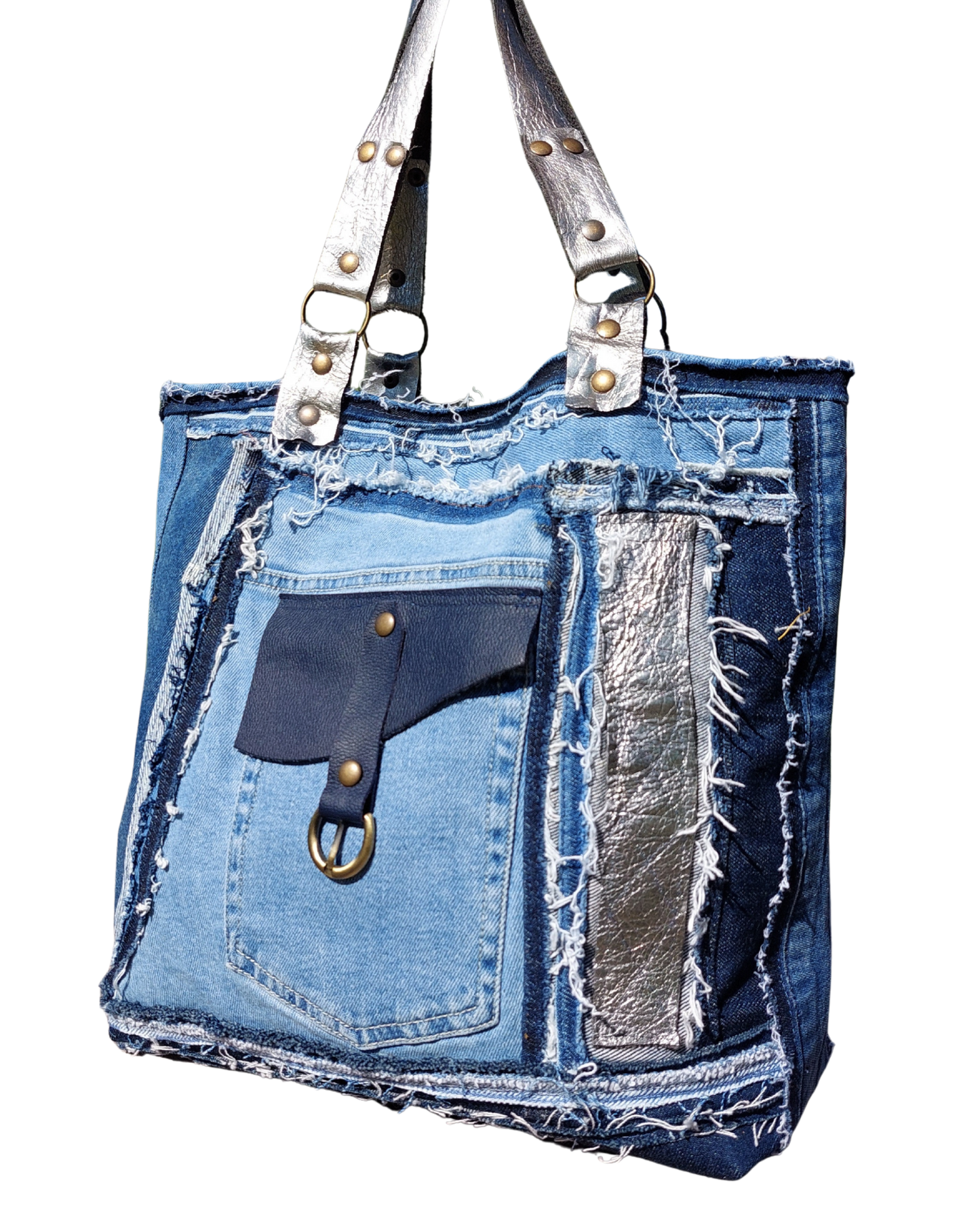 Artisanal Upcycled Denim Bag with Silver Leather