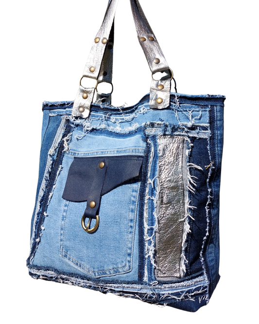 Artisanal Upcycled Denim Bag with Silver Leather