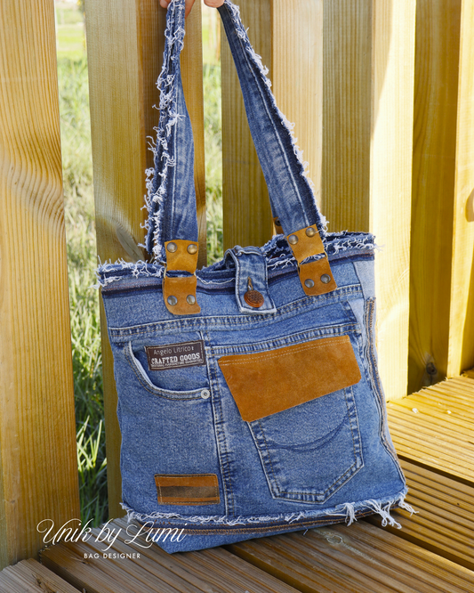Blue and Camel Eco Friendly Bag | Handmade Denim and Leather Handbag | High-Quality Recycled Jeans Bag