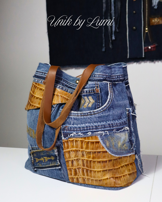 Sustainable and High-Quality Recycled Jeans Bag | Handmade Denim Bag with Camel and Brown Leather