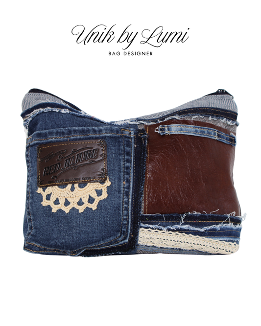Crochet, Denim and Brown Leather Purse | Sustainable Bag
