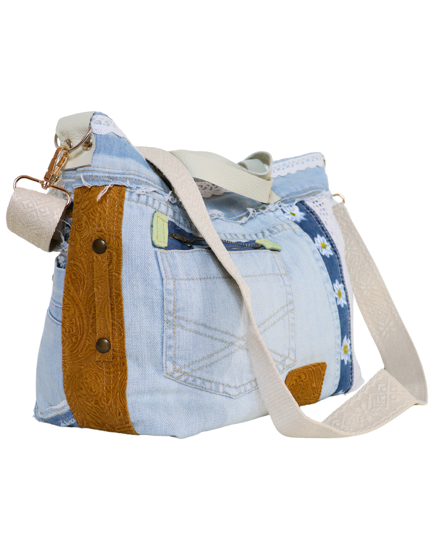 Light Denim Handbag with Brown Leather and Crochet with Adjustable Strap