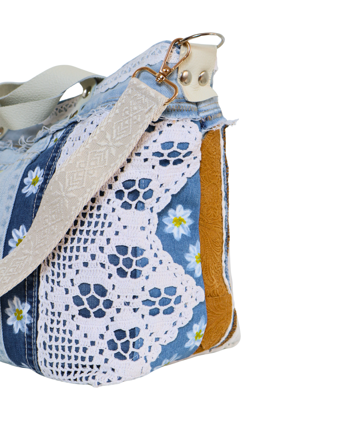 Light Denim Handbag with Brown Leather and Crochet with Adjustable Strap