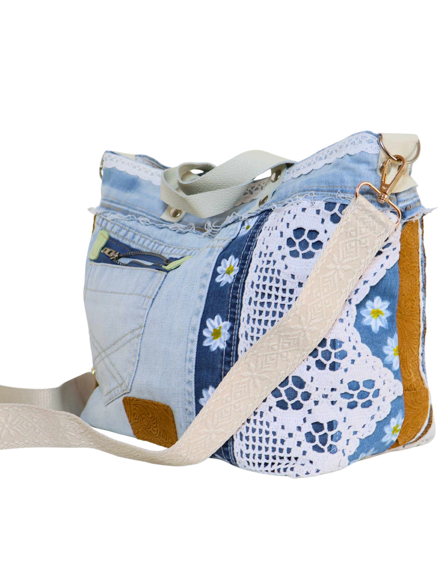 Light Denim Handbag with Brown Leather and Crochet with Adjustable Strap