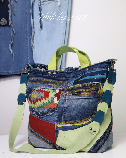 Luxurious Colourful Handmade Denim Bag with Leather | Sustainable High-Quality Recycled Jeans Bag