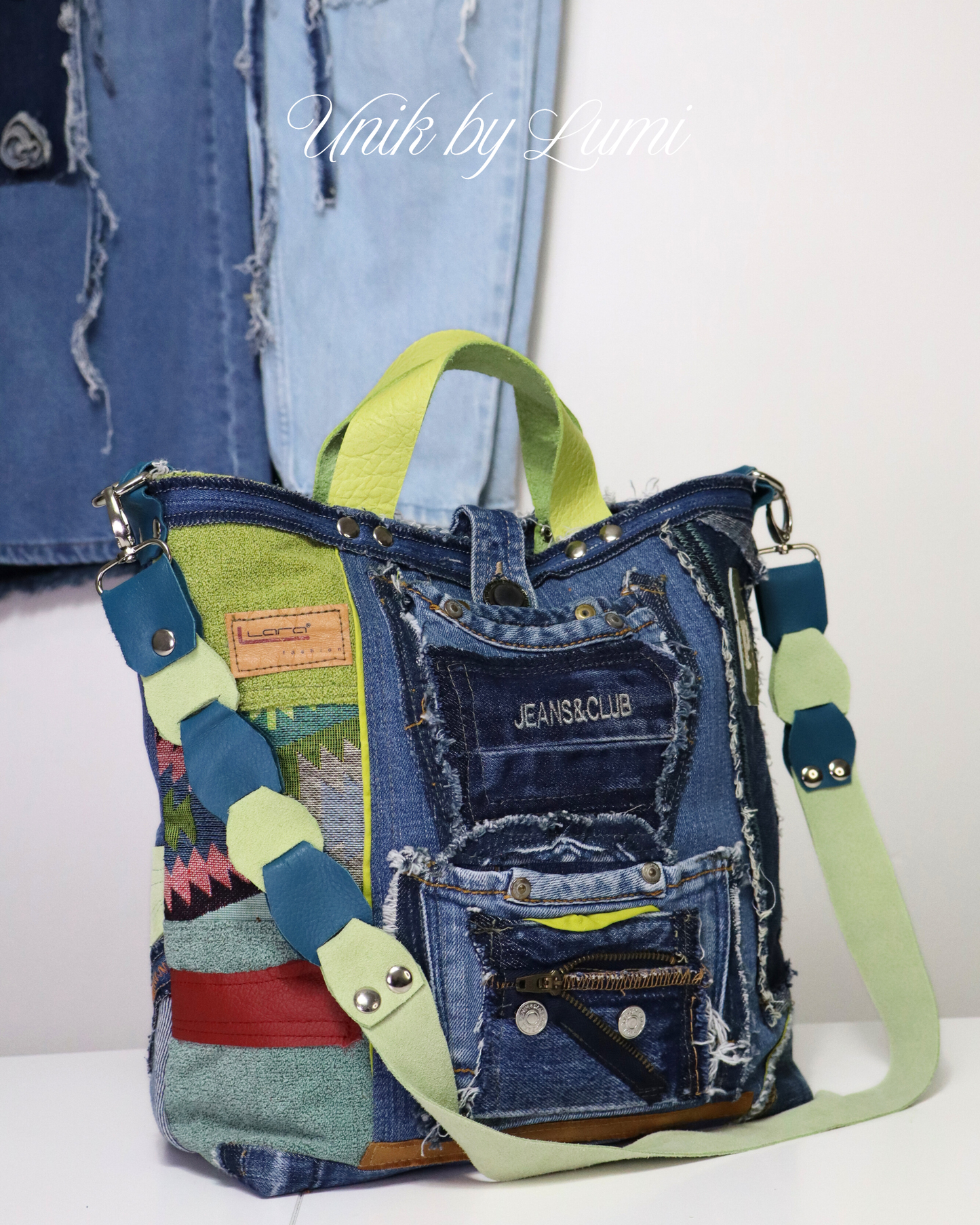Luxurious Colourful Handmade Denim Bag with Leather | Sustainable High-Quality Recycled Jeans Bag