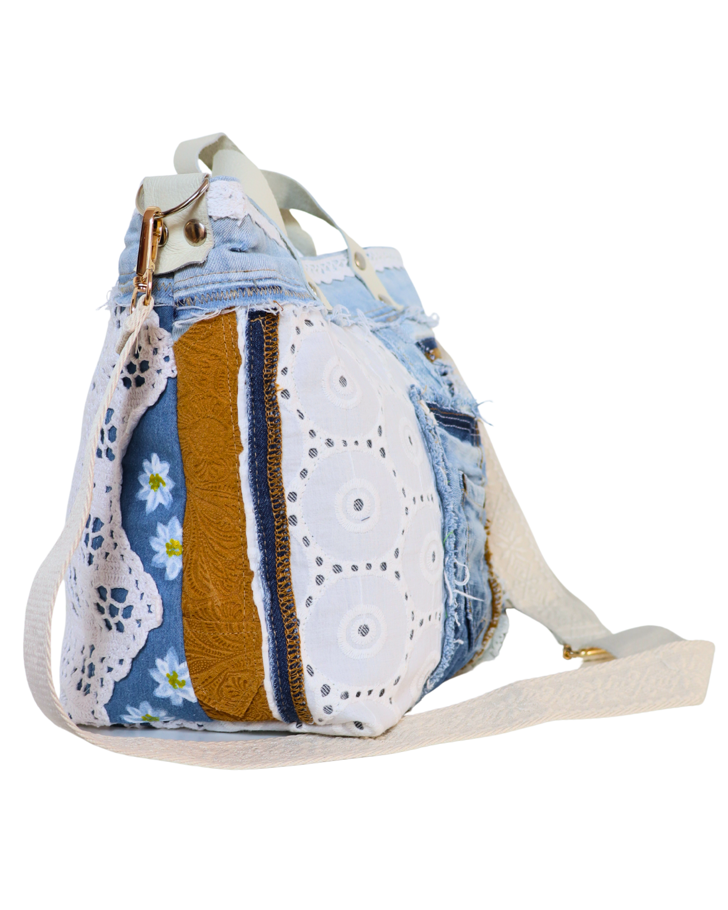 Light Denim Handbag with Brown Leather and Crochet with Adjustable Strap