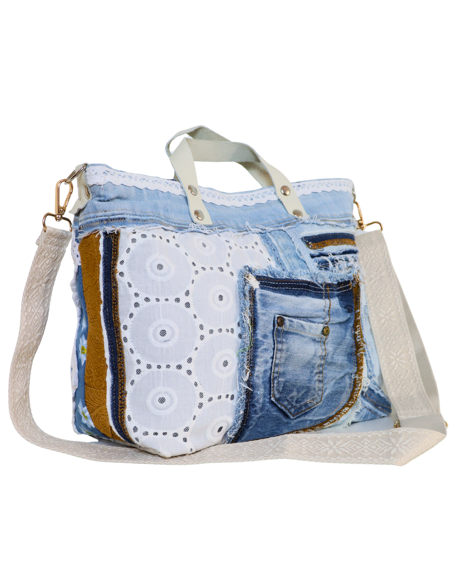 Light Denim Handbag with Brown Leather and Crochet with Adjustable Strap