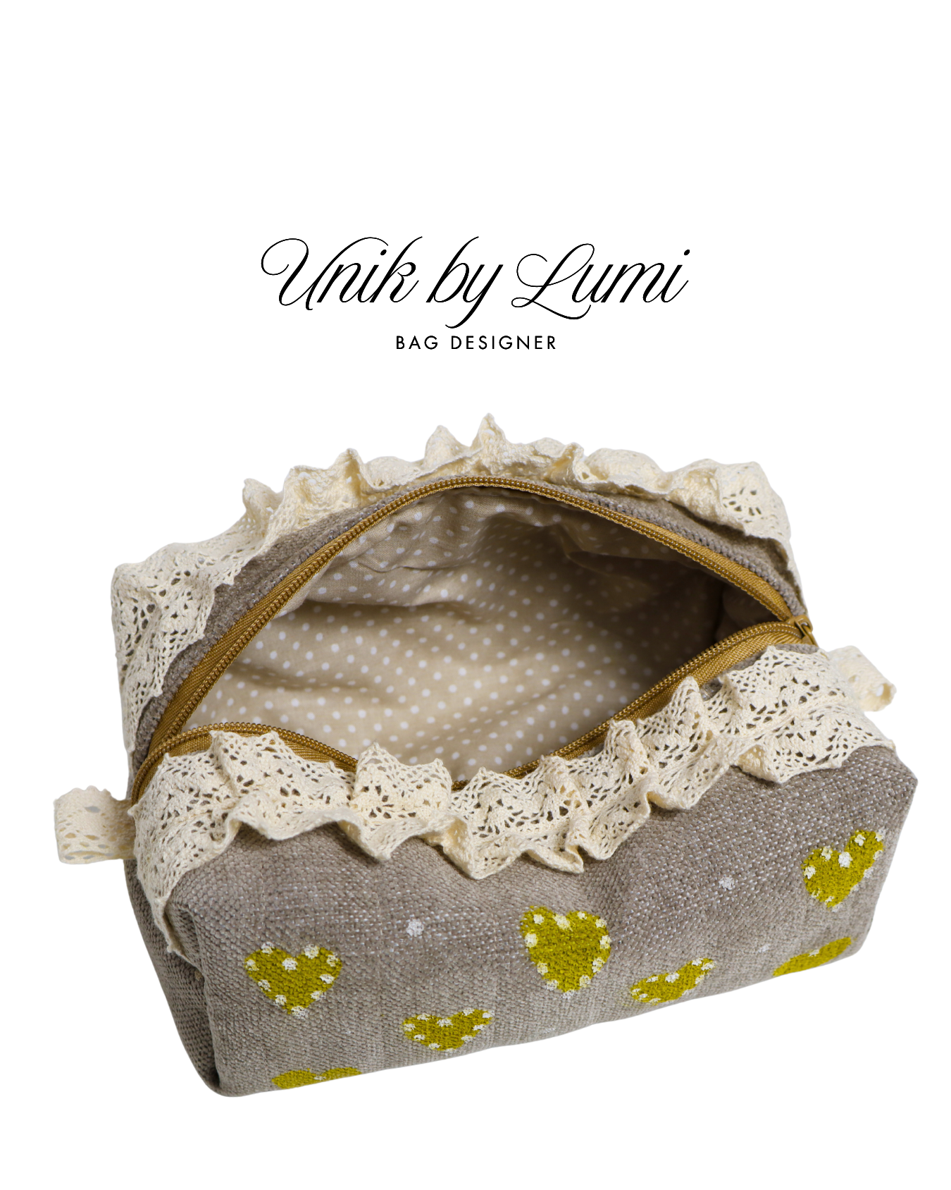 Unique Beige Pouch with Hearts | Makeup Pouch | Travel Pouch with Crochet