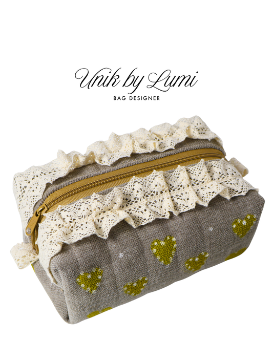 Unique Beige Pouch with Hearts | Makeup Pouch | Travel Pouch with Crochet