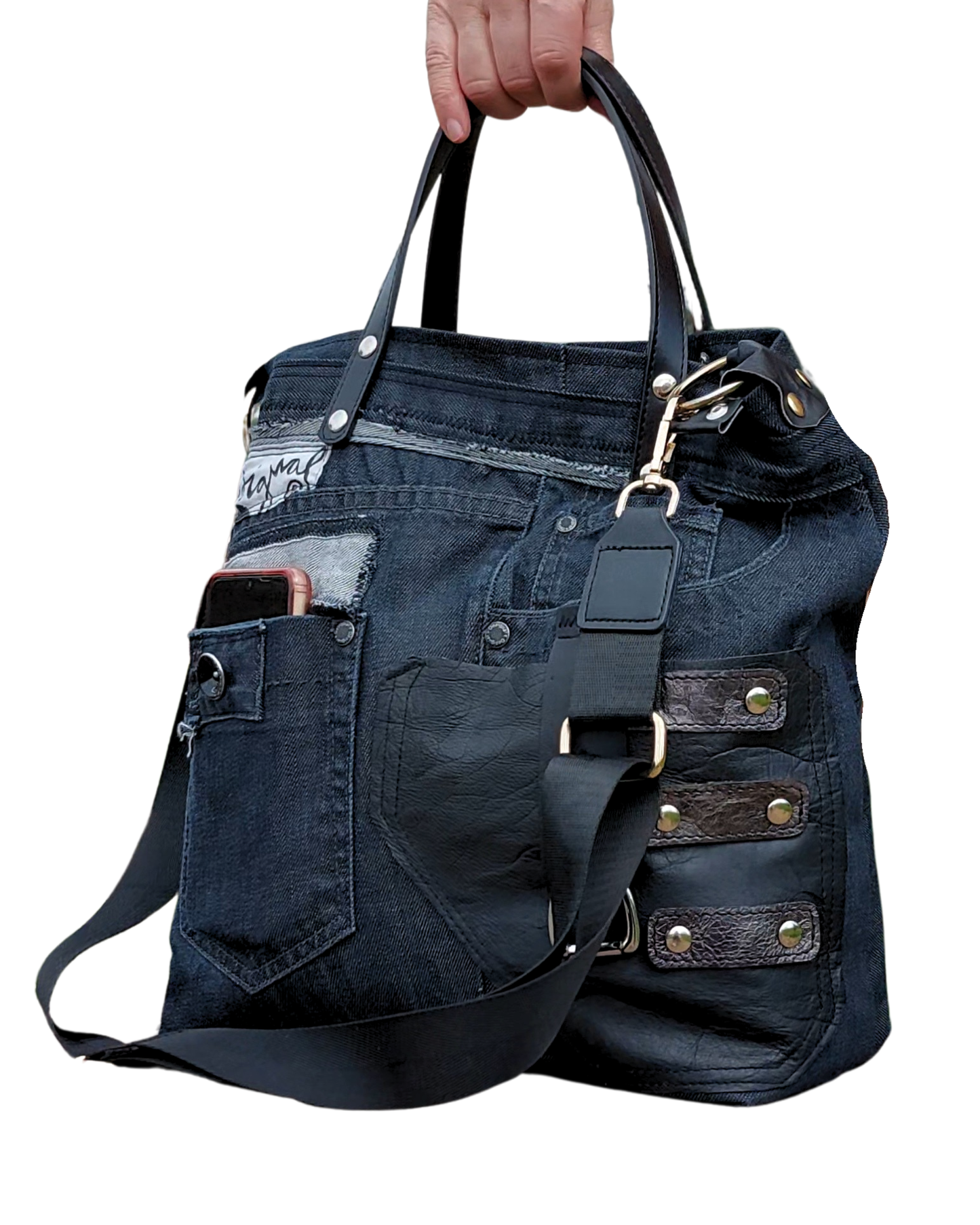 Black Denim Bag with Leather