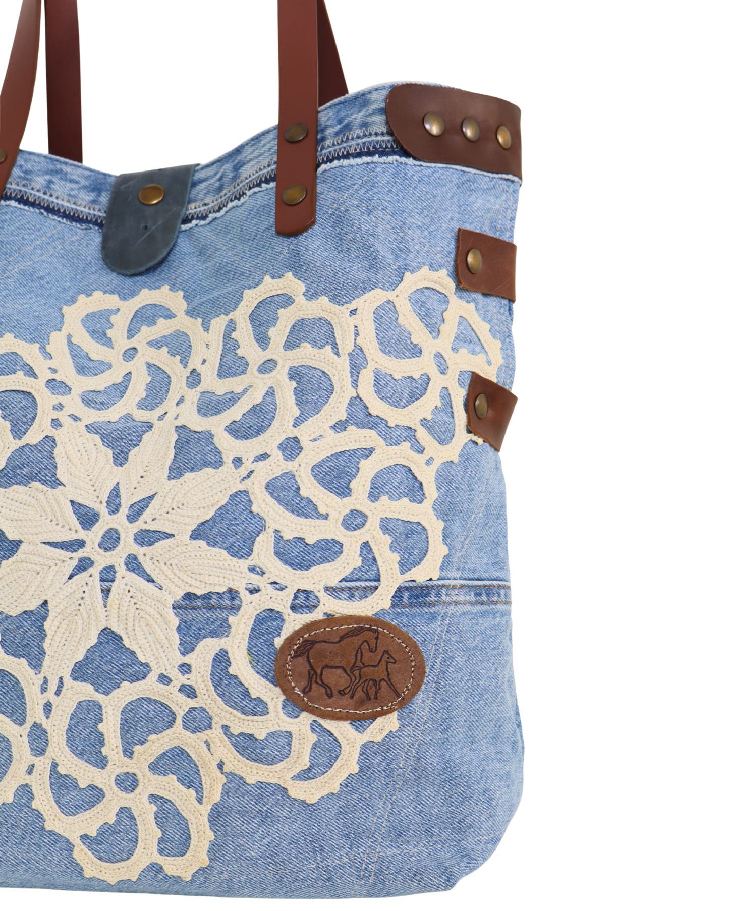 Handmade Denim Bag with Crochet and White Leather