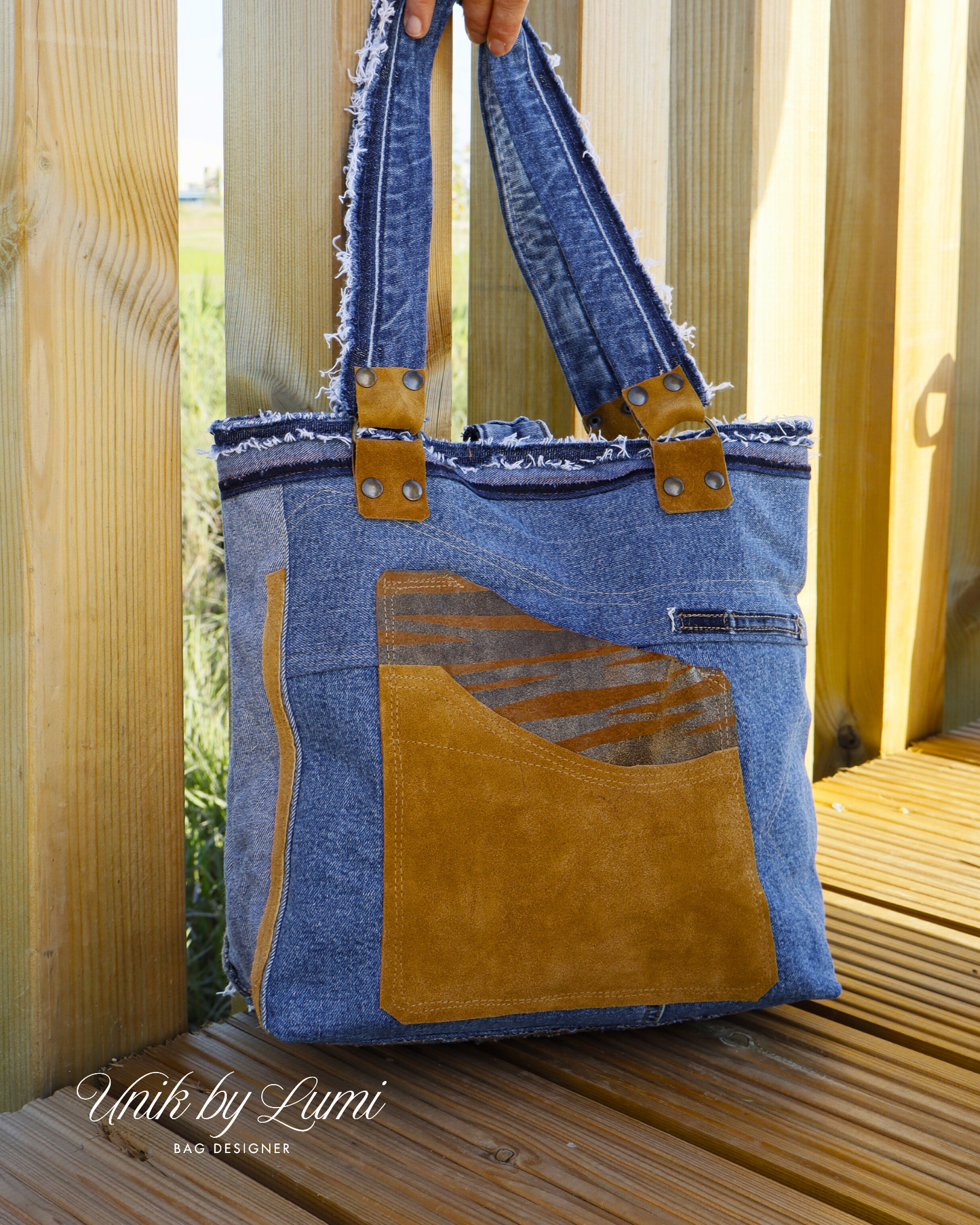 Blue and Camel Eco Friendly Bag | Handmade Denim and Leather Handbag | High-Quality Recycled Jeans Bag