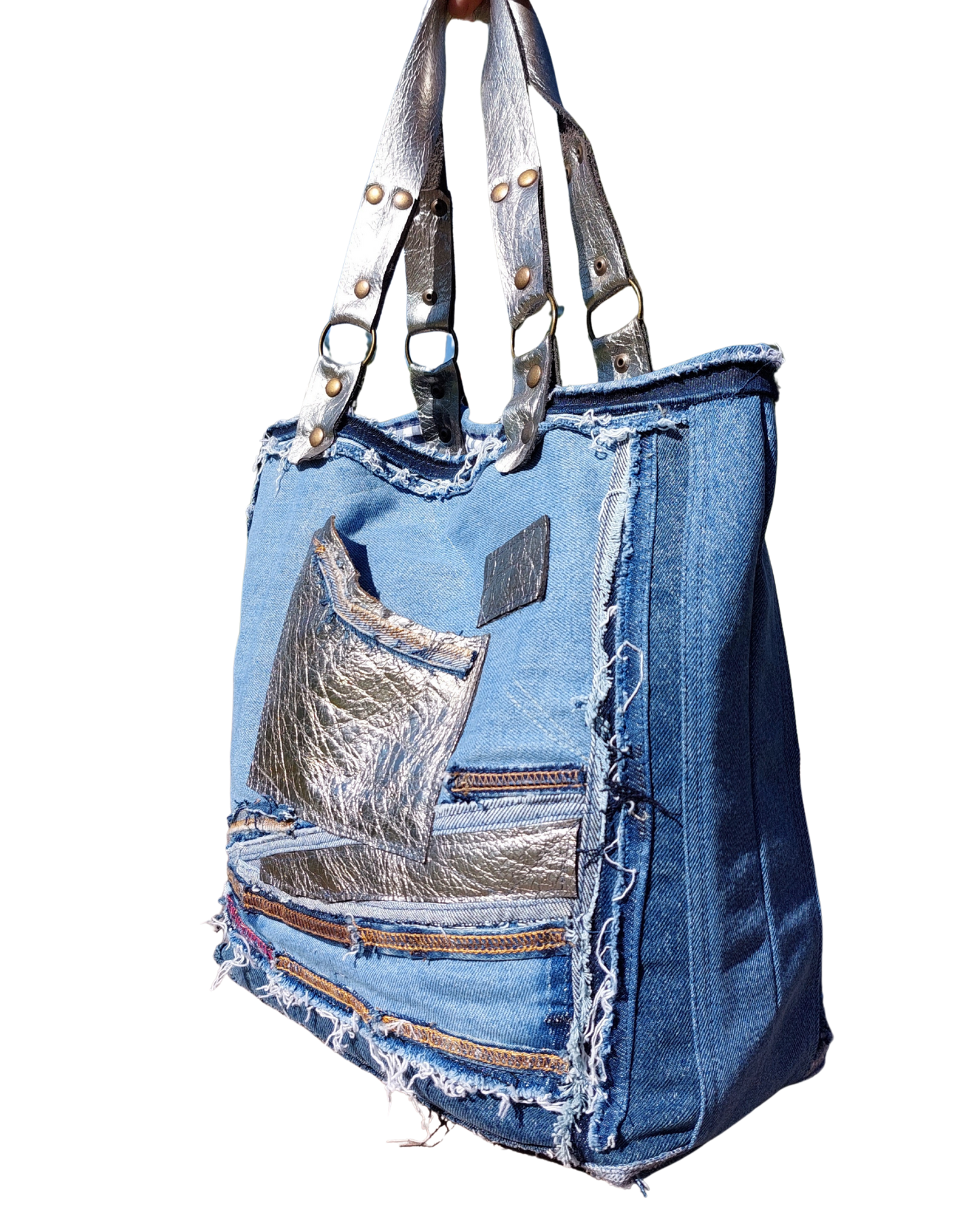 Artisanal Upcycled Denim Bag with Silver Leather