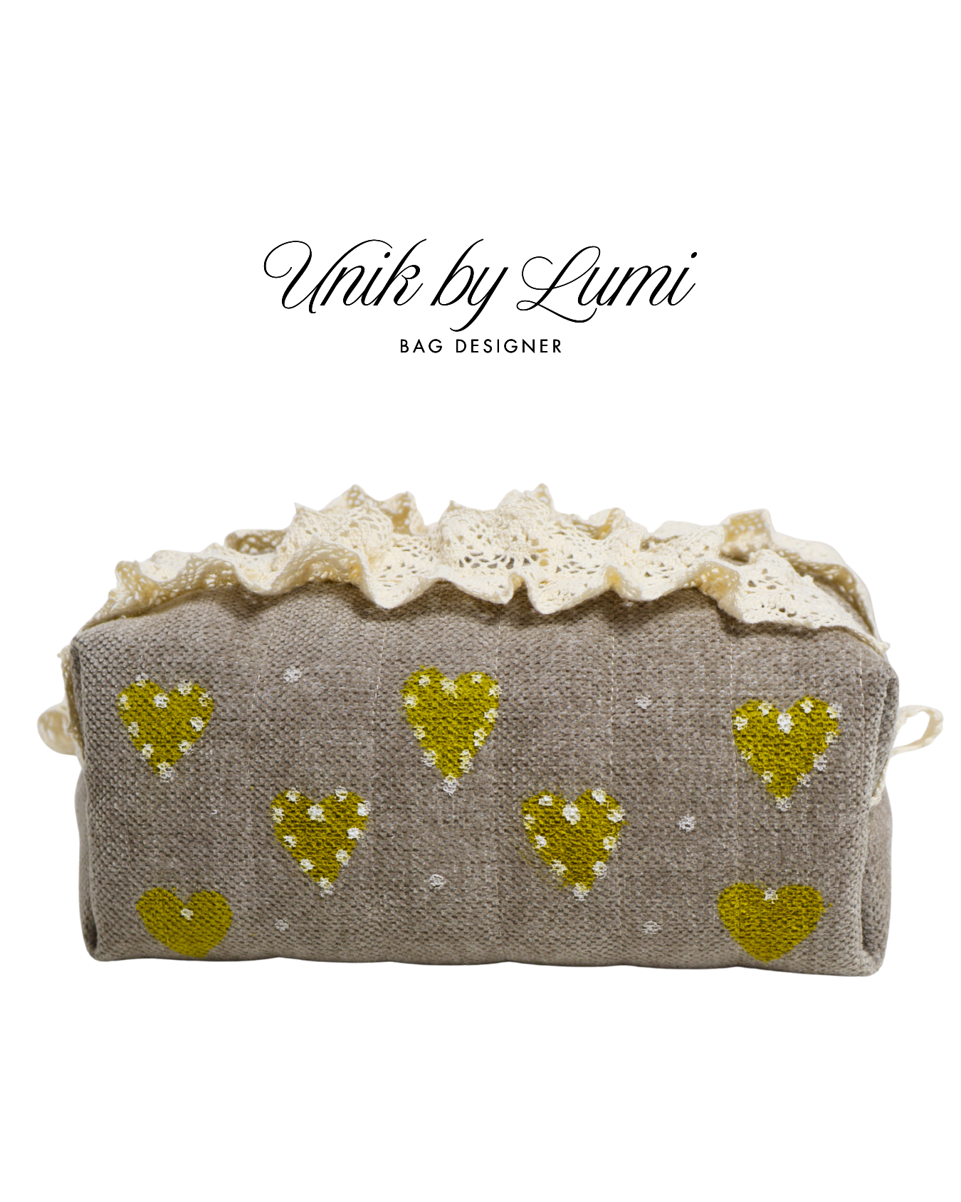 Unique Beige Pouch with Hearts | Makeup Pouch | Travel Pouch with Crochet