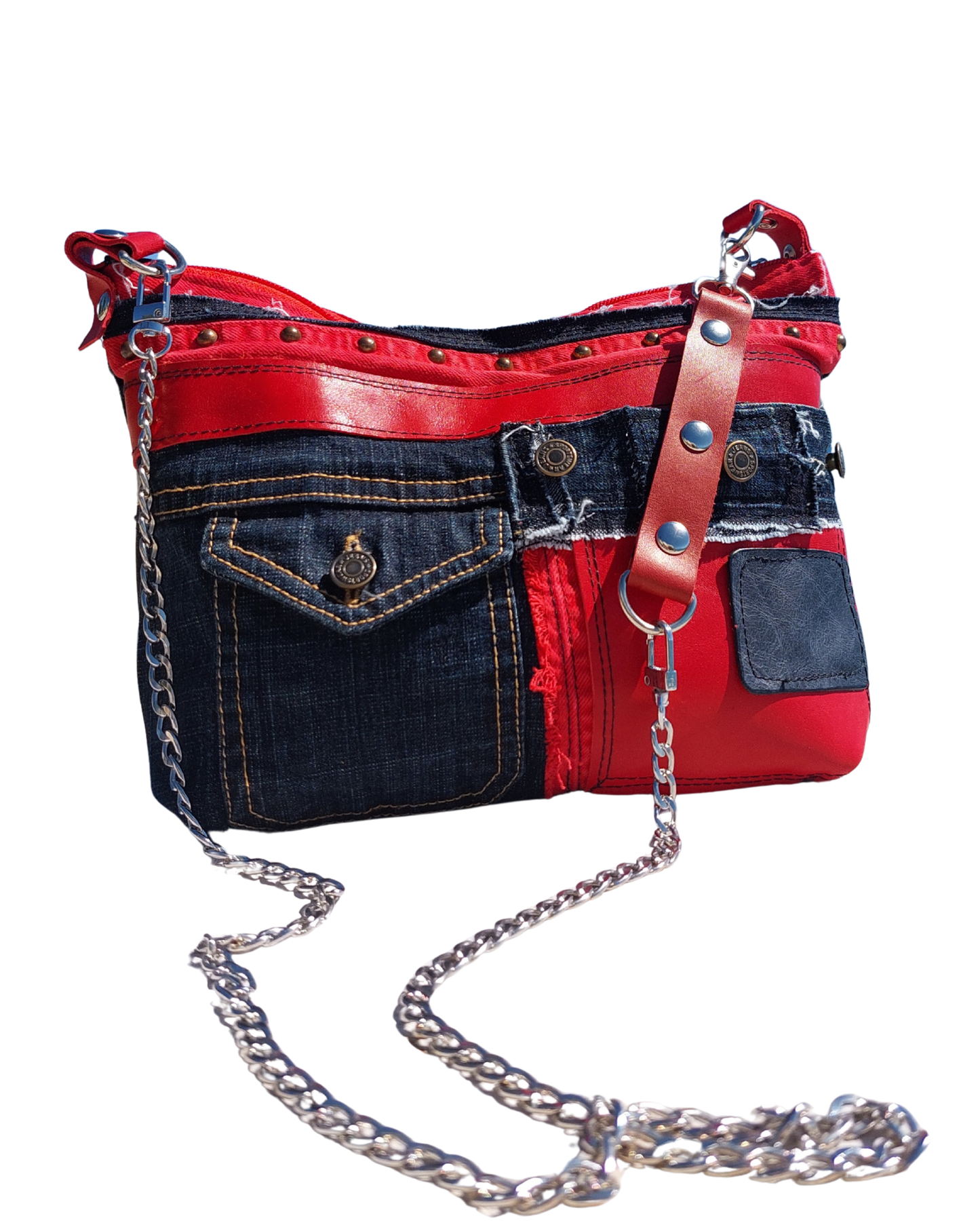 Denim Purse with Red Leather