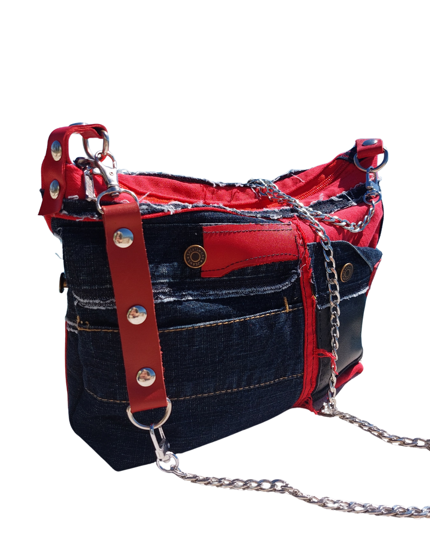 Denim Purse with Red Leather