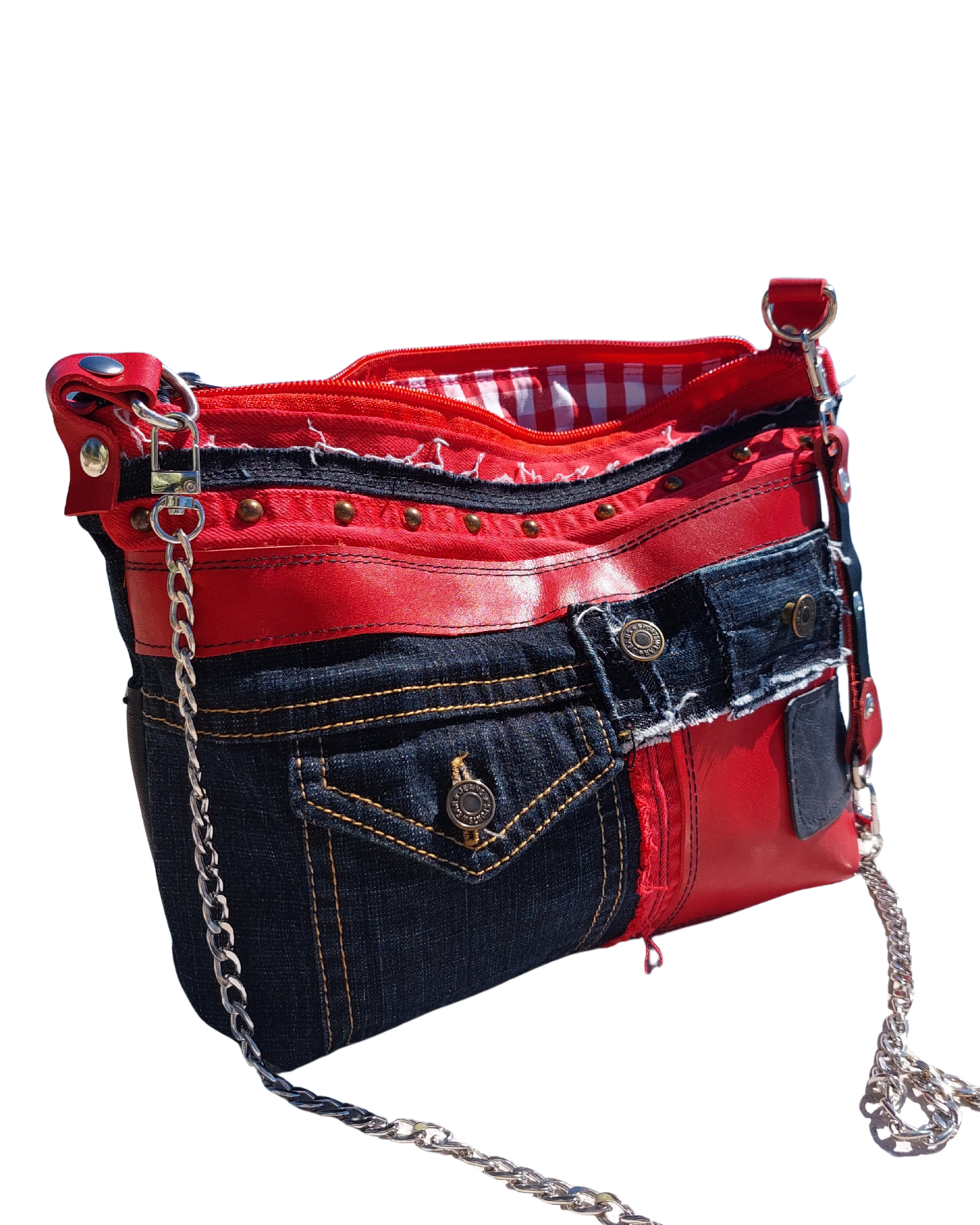 Denim Purse with Red Leather