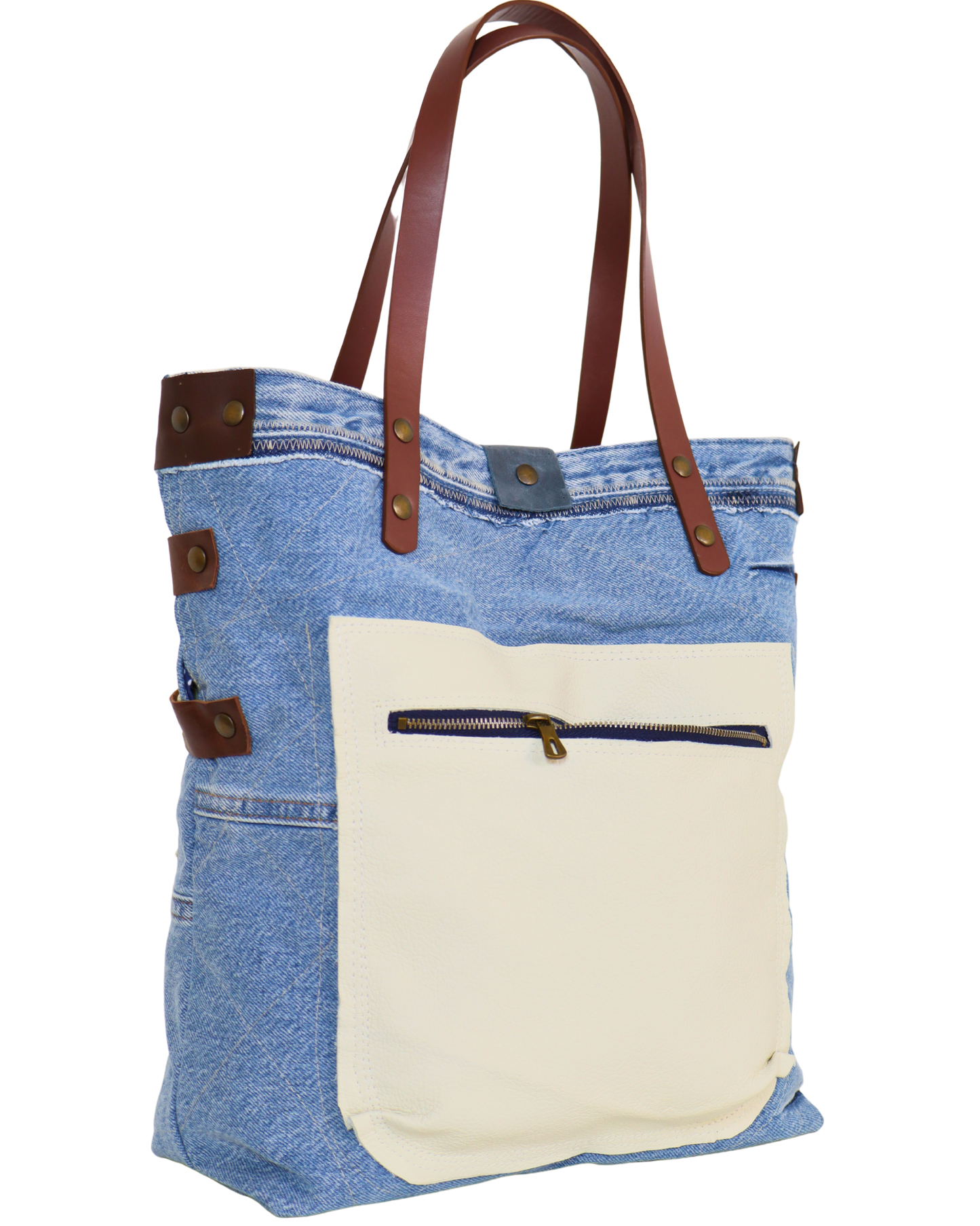 Handmade Denim Bag with Crochet and White Leather