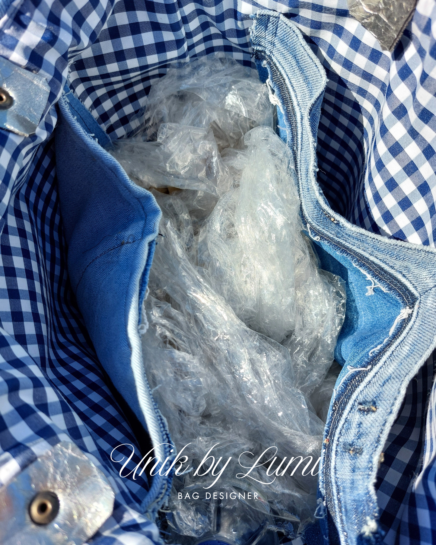 Artisanal Upcycled Denim Bag with Silver Leather