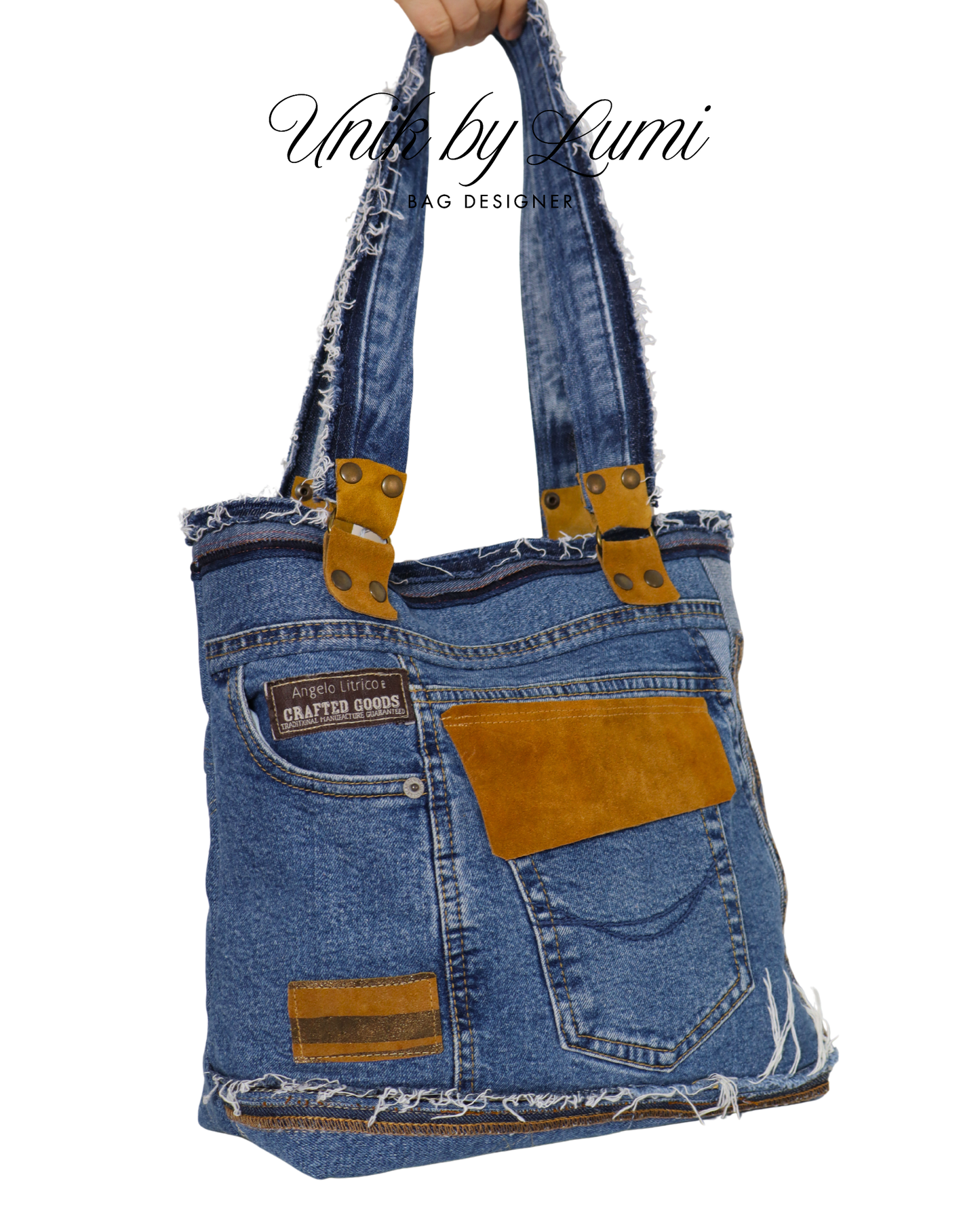 Blue and Camel Eco Friendly Bag | Handmade Denim and Leather Handbag
