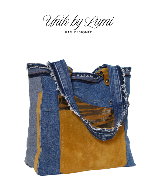 Blue and Camel Eco Friendly Bag | Handmade Denim and Leather Handbag