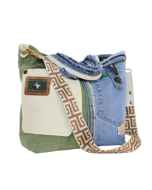 Blue Denim and Green Fabric Bag with Adjustable Strap