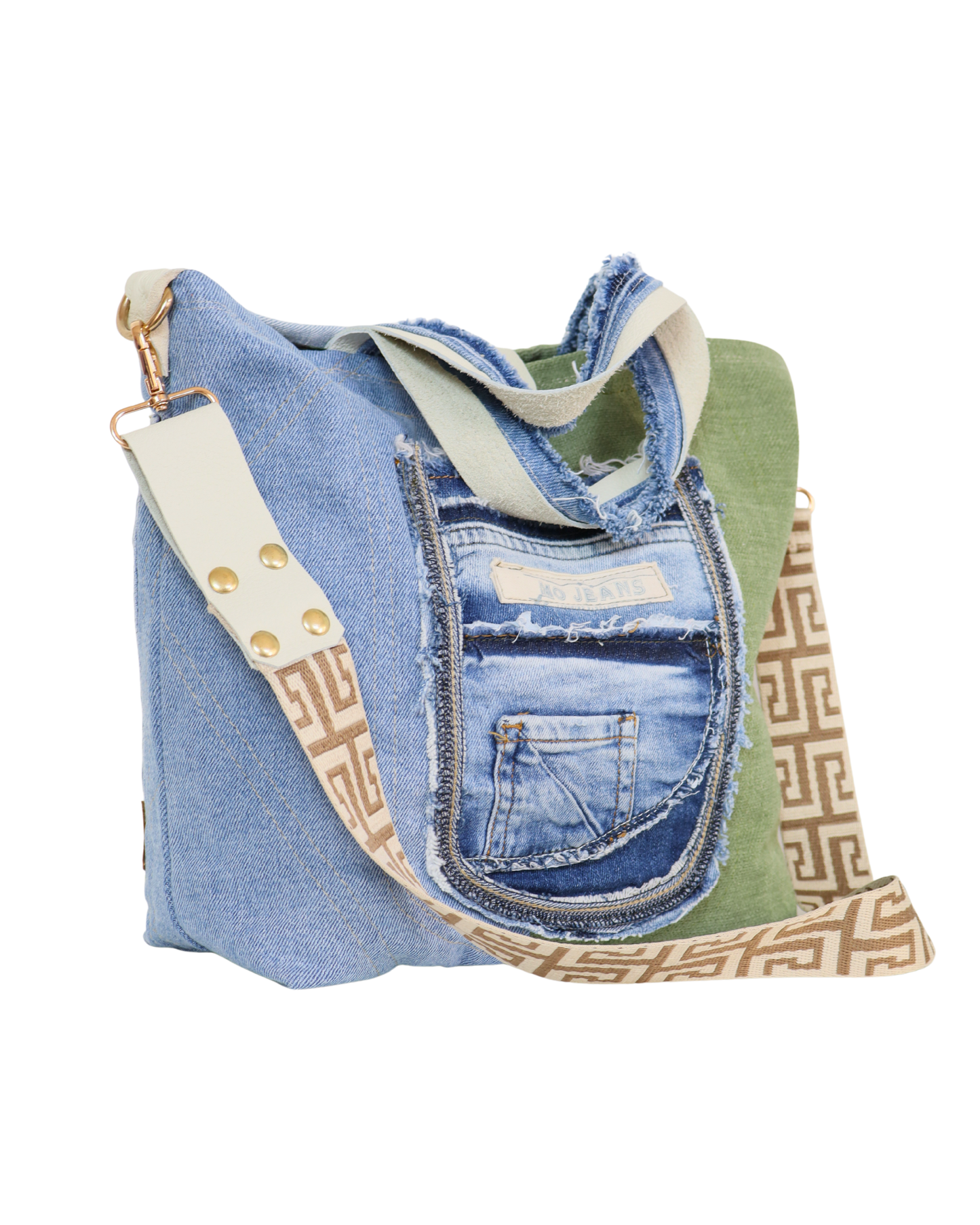 Blue Denim and Green Fabric Bag with Adjustable Strap