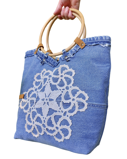 Denim Jeans Bag with Crochet and Bamboo Handle