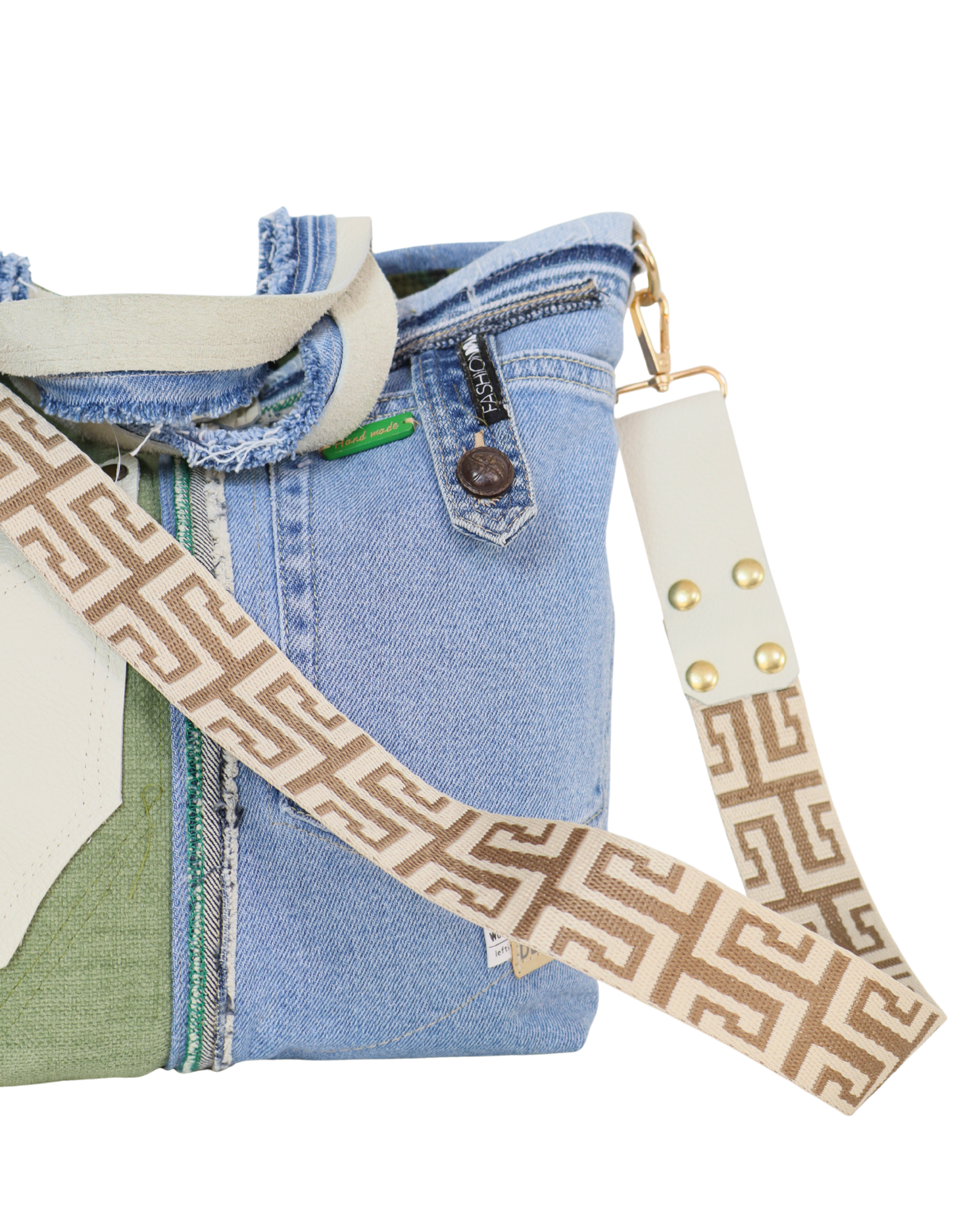 Blue Denim and Green Fabric Bag with Adjustable Strap