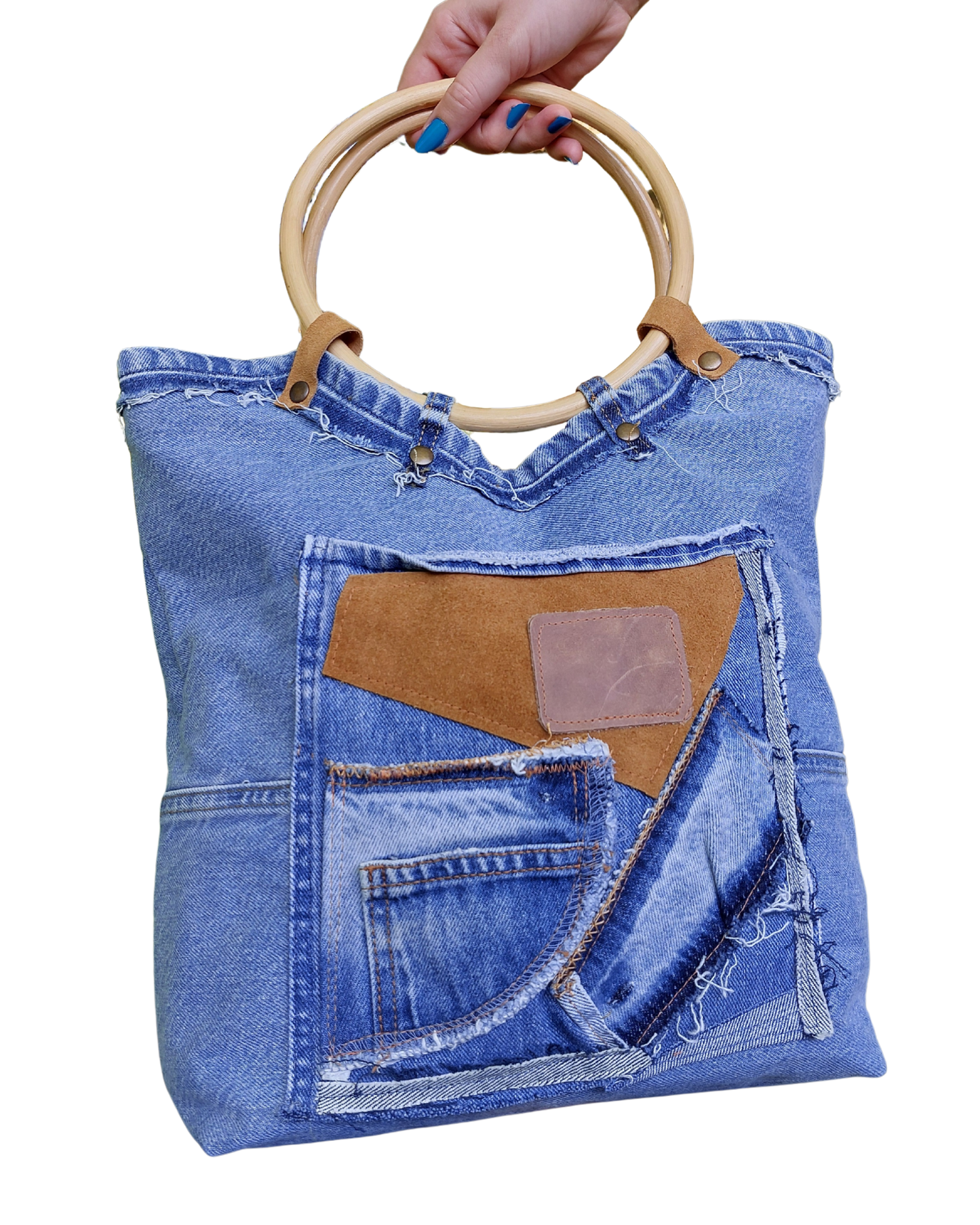 Denim Jeans Bag with Crochet and Bamboo Handle