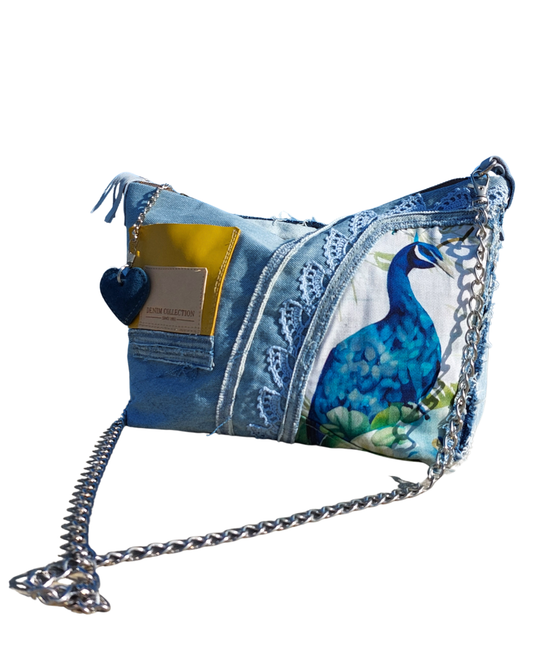 Blue Denim Purse with Peacock Design and Yellow Leather